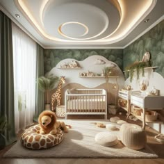 a baby's room with a giraffe bed in the middle