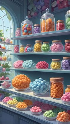 a shelf filled with lots of different types of candy