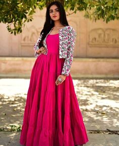 Koti Style Gown Long, Gown Koti Design, Koti Frock Design, Traditional Koti Jacket, Long Frock With Shrug, Gown With Coat Indian, Jacket Anarkali Dresses, Frocks With Jackets, Long Frock With Jacket