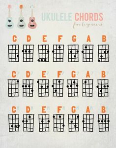 the ukulele chords for beginners are shown in black and white, with an orange