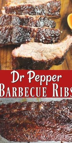 dr pepper barbecue ribs on a cutting board with bbq sauce in the background and text overlay that reads, dr pepper barbecue ribs