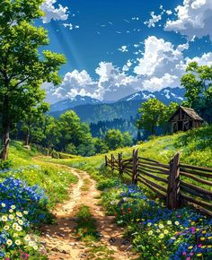 a painting of a dirt path leading to a wooden fence in the middle of a field with wildflowers