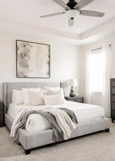 a bedroom with a large bed and white walls