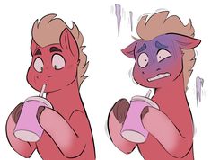 two cartoon characters with different facial expressions, one drinking from a cup and the other frowning