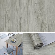 two pictures of the same wallpaper, one with wood grain and another with grey fabric