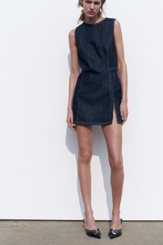 DENIM TRF DRESS Zara Denim Dress, Sleeveless Short Dress, Skirt Co Ord, Dark Indigo, Sleeveless Mini Dress, Skorts, Swimwear Accessories, Skirt Top, Fitted Dress