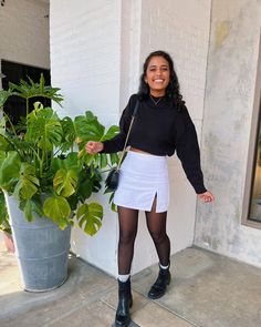 Black And White Outfits Skirt, How To Style White Mini Skirt, Stockings And Boots Outfit, Styling White Mini Skirt, Skirt Stockings Boots Outfit, White Turtleneck Black Skirt, White Skirt And Stockings Outfit, White Skirt With Stockings Outfit, Black Fall Boots Outfit