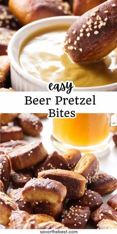 beer pretzel bites are being dipped with honey