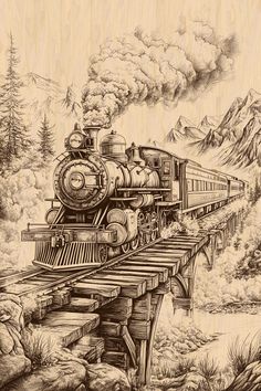 Train On Bridge Drawing, Train Drawing Aesthetic, Steam Locomotive Drawing, Old Train Drawing, Cabin Sketch, Laser Engraving Ideas, Drawing Methods, Drawing Pro, Train Drawing