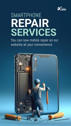 an advertisement for the smartphone repair service, with a man holding a hammer and working on it