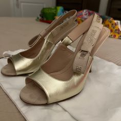 J'adior Heeled Slingback Sandal In Gold, Size 37.5. Fits Size 7.5. Gorgeous Shoes But Selling Because My Feet Grew From Pregnancy. Comes With Dustbag. Gorgeous Shoes, Dior Shoes, Slingback Sandal, Cream And Gold, Shoes Women Heels, Gold Color, Shoes Heels, Dust Bag, Dior