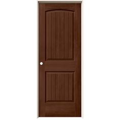 a wooden door with two side panels on the top and bottom, in dark brown