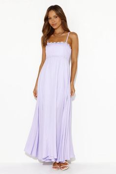 Be seen and admired in this dress, girl! The Vacations To The Islands Maxi Dress features a wavy trimming to the top and a gorgeous flowy skirt. Wear it with sandals for all-day style. Dress Lilac, Purple Maxi Dress, Skirt Zipper, Bridal Shower Dress, Shower Dresses, Lilac Dress, Long Sleeve Lace Dress, Dress Girl, Flowy Skirt