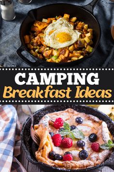 a skillet filled with fruit and topped with an egg, next to other breakfast foods