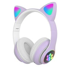 purple cat earphones with glowing eyes and ears on the top one has an image of a