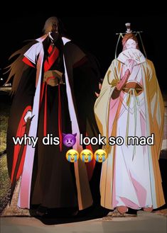 two anime characters standing next to each other in front of a dark background with text that reads, why did i look so mad?