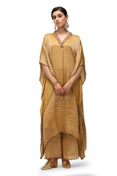 Mustard chiffon silk woven kaftan with sequins embroidery. Comes with pant and an underdress. - Aza Fashions Kaftan Set, Embroidered Kaftan, Diana Penty, Luxury Sale, Sequins Embroidery, Fashion App, Modern Bride, Set For Women, Flared Sleeves