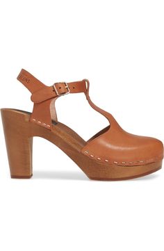 Swedish Hasbeens Sky T-Strap Pump (Women) | Nordstrom Leather Ankle Strap Clogs, Leather Clogs With Heel Strap Medium Width, Chic Clogs With Ankle Strap And Buckle Closure, Leather Clogs With Buckle Closure And Block Heel, Chic Ankle Strap Clogs With Buckle Closure, Retro Leather Clogs, Brown Low Heel Clogs With Heel Strap, Summer T-strap Sandals With Wooden Heel And Ankle Strap, Leather T-strap Heels With Buckle Closure