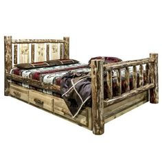 a bed with wooden frame and drawers on it