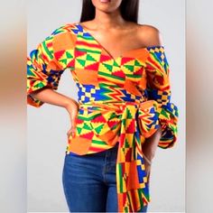 Bohemian Colorful Shirt With Rap Around Bowl Tie. Beautiful Colors For Any Caribbean Trip. Crop Top Outfits, Shein Tops, Wrap Blouse, Crop Blouse, African Clothing, Stripe Print, Green And Orange, Wrap Around, Print Tops