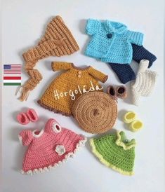 crocheted baby clothes and booties are arranged on a white surface with the words,