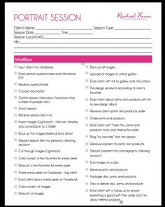 a printable portrait session checklist with the words portraits in pink and black on it