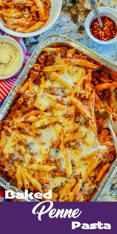 baked penne pasta in a casserole dish