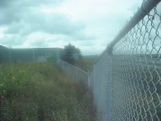 a chain link fence is next to a grassy field