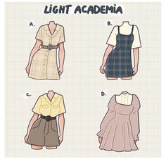 four different types of women's dresses with the words light academy written on them