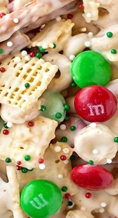 a close up view of some kind of food with candy on it's side