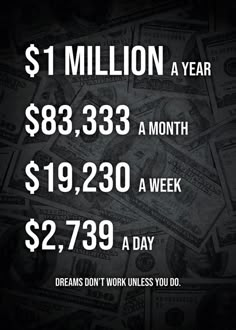 a pile of money with the words $ 1 million a year $ 8, 350 a month $ 19, 250 a week $ 2, 729, 733 a day