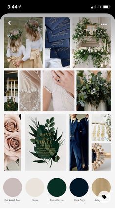 a collage with different colors and designs for wedding decorations, such as greenery