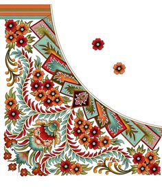 the corner of a floral design with red and green flowers on white background is shown