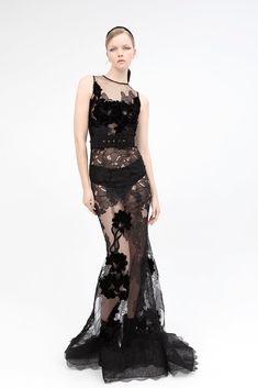 Description Black A-line, Long dress sleeves Closed neckline Lace, Tulle Dry Clean Made in Spain SKU 22-76 Sleeveless Mermaid Dress, Sabrina Neckline, Thick Belt, Black Fr, Beautiful Evening Dresses, Mermaid Skirt, Mermaid Gown, Velvet Lace, Sheer Material