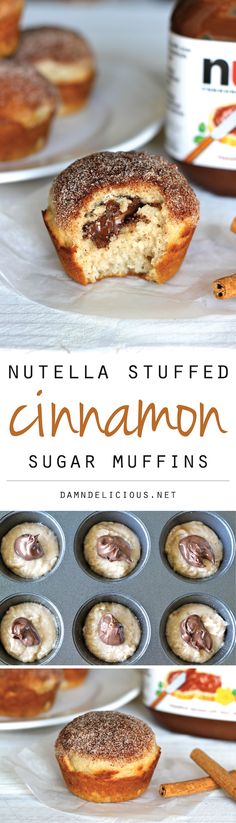 nutella stuffed cinnamon sugar muffins are shown in the foreground and on the background