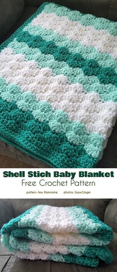 a crocheted baby blanket is shown with the text, free crochet pattern shell stitch baby blanket