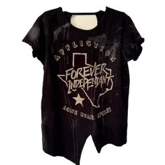 Nwot!!! Affliction Women’s Black Texas Forever Independent T Shirt Size Small. Studded Design That Really Makes The Shirt Pop Along With A Weathered Hole Look Tht Represents The Rustic Nture Of Texas!!! Punk Washed Black Tops With Letter Print, Punk Style Washed Black Tops With Letter Print, Punk Style Washed Black Top With Letter Print, Distressed Washed Black Top For Concert, Distressed Washed Black Tops For Concerts, Alternative Style Distressed Short Sleeve Tops, Distressed Fitted Tops For Streetwear, Fitted Distressed Tops For Streetwear, Distressed Band Merch Top For Fall