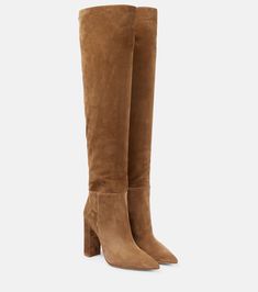 Piper suede over-the-knee boots in brown - Gianvito Rossi | Mytheresa Suede Over The Knee Boots, Brown Suede Boots, Gown Inspiration, Rossi Shoes, Twill Shorts, Knit Set, High Heel Boots, Suede Boots, Gianvito Rossi