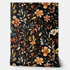 a black floral wallpaper with orange and yellow flowers