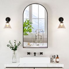 a bathroom with a sink, mirror and plants on the counter top in front of it