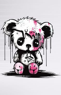 a drawing of a teddy bear with pink paint splattered on it's face