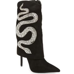 These " Cobra Steppin " Bold-Black Stiletto Boots Are A Perfect Blend Of Sophistication And Style. Crafted From Black Suede, The Pointed Toe Stiletto Heels Are Timelessly Elegant. The Fold Over Silhouette And Subtle Silver Sparkly Snake Accent On The Side Give It An Additional Stylish Touch. Perfect For Special Occasions, These Boots Will Make Any Outfit Look Stylish. Pointed Toe Snake Print Heels For Party, Snake Print Pointed Toe Party Heels, Snake Print Pointed Toe Heels For Party, Snake Print Heels With Pointed Toe For Evening, Evening Heels With Snake Print And Pointed Toe, Elegant Snake Print Boots For Party, Lucchese Boots Womens, Purple Suede Boots, Chanel Ankle Boots