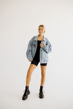 The PERFECT denim jacket is here! We’ve searched for years for the perfect fit, style and material of an essential denim jacket. It’s perfectly oversized, has pockets and is thick enough to keep you warm! Fits true to size being oversized. Styled with our Icon Romper // Black. Liv is 5’5 wearing size small. Oversize Black Jean Jacket Outfit, Over Size Jean Jacket Outfit, Styling A Jean Jacket, Black Jean Jacket Outfit, Oversized Jean Jacket Outfit, Black Denim Jacket Outfit, Oversized Denim Jacket Outfit, 90s Denim Jacket, Warm Fits