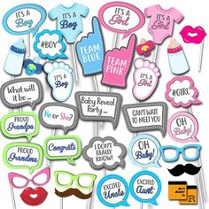 a bunch of cupcake toppers that are shaped like mustaches and speech bubbles