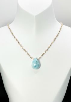 This necklace has a beautiful blue Larimar that's attached to a handmade 14k Gold Filled Chalcedony chain. ❤️ MATERIALS USED      ▪️Larimar: This faceted stone measures 11mm (w) x 16mm (h).      ▪️Chalcedony: This faceted, round stone measures 2mm.      ▪️14k Gold Filled: The chain, wire and components are Gold Filled. ❤️ LENGTH      ▪️16.5" ❤️ PROCESSING TIME      ▪️The item will be processed and shipped within 1-3 business days from the                   time the order is placed and payment is received. ❤️ SHIPPING/PACKAGING      ▪️This item qualifies for FREE first class shipping to the USA via USPS.       ▪️If you would like a different mode of delivery, please contact me.      ▪️It will be packed in a gift box and placed in a bubble envelope. If you order            more than one item Unique Gifts For Sister, Metaphysical Gifts, Larimar Necklace, Chalcedony Necklace, Elegant Jewelry, Sister Gifts, Jewelry Pieces, Gold Necklace, Jewelry Necklace Pendant