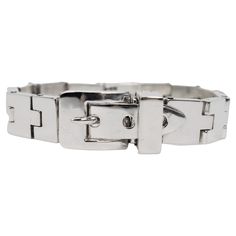 Substantial in heft, multiple hinged sterling silver links, 3.5mm thick, create this interesting 7-1/2 inch bold bracelet and lead to the large polished silver buckle clasp feature. Crafted in sterling, the "belt strap" fits nicely into the belt frame with a silver prong creating a sharp stylish look. A silver safety clamp folds over to secure and finish the piece. Gift boxed. Sterling Silver Bracelets, Link Bracelets, Arm Band, Silver Bracelet, Jewelry Bracelets, Buckle, Bracelet, Sterling Silver, Silver