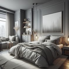 a bedroom with gray walls and white bedding