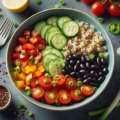 a bowl filled with lots of different types of food next to a knife and fork