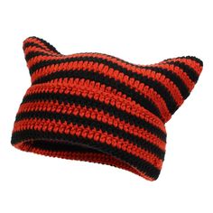 Little Devil Hand Crocheted Hat (Steamed Cat-ear Shaped Bread) Casual Stripe Hat Hat head size 23 inches. Regular head size for adults Ship in 3 -5 days Cat Ears Hat, Cat Eared Beanie, Grunge Accessories, Fox Hat, Crochet Hat For Women, Cat Beanie, Ear Flap Hats, Bonnet Crochet, Striped Beanies