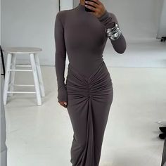 Slinky Jersey Stretch Long Sleeve Bodycon Dress In Gray Smoke. Ruched In Front. Polyester Stretch Backless Cocktail Dress, Pleated Fashion, Pleated Party Dress, Exquisite Dresses, Backless Evening Dress, Maxi Dresses Fall, Grey Maxi Dress, Bodycon Maxi Dresses, Maxi Dress Wedding